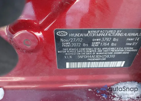 2013 Hyundai Elantra Limited from USA, damaged, VIN 5NPDH4AE8DH259310
